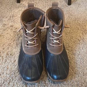 Navy and Brown rain boots